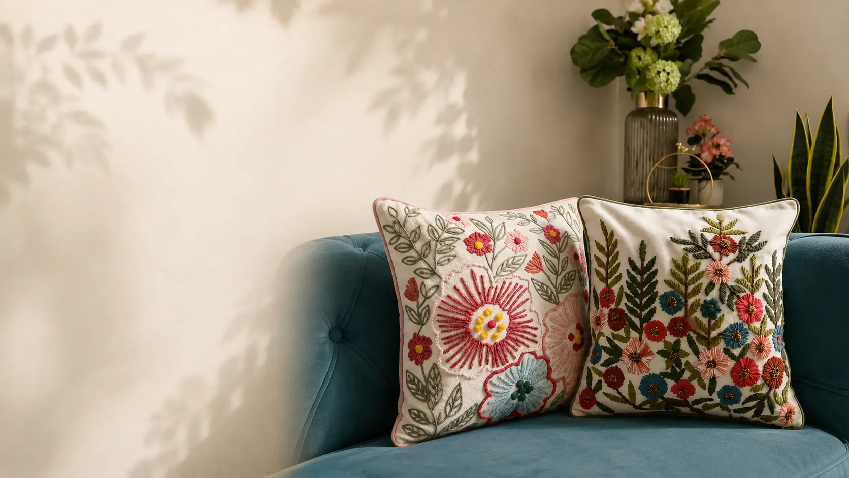 Botanical embroidered cushion cover on a living room sofa
