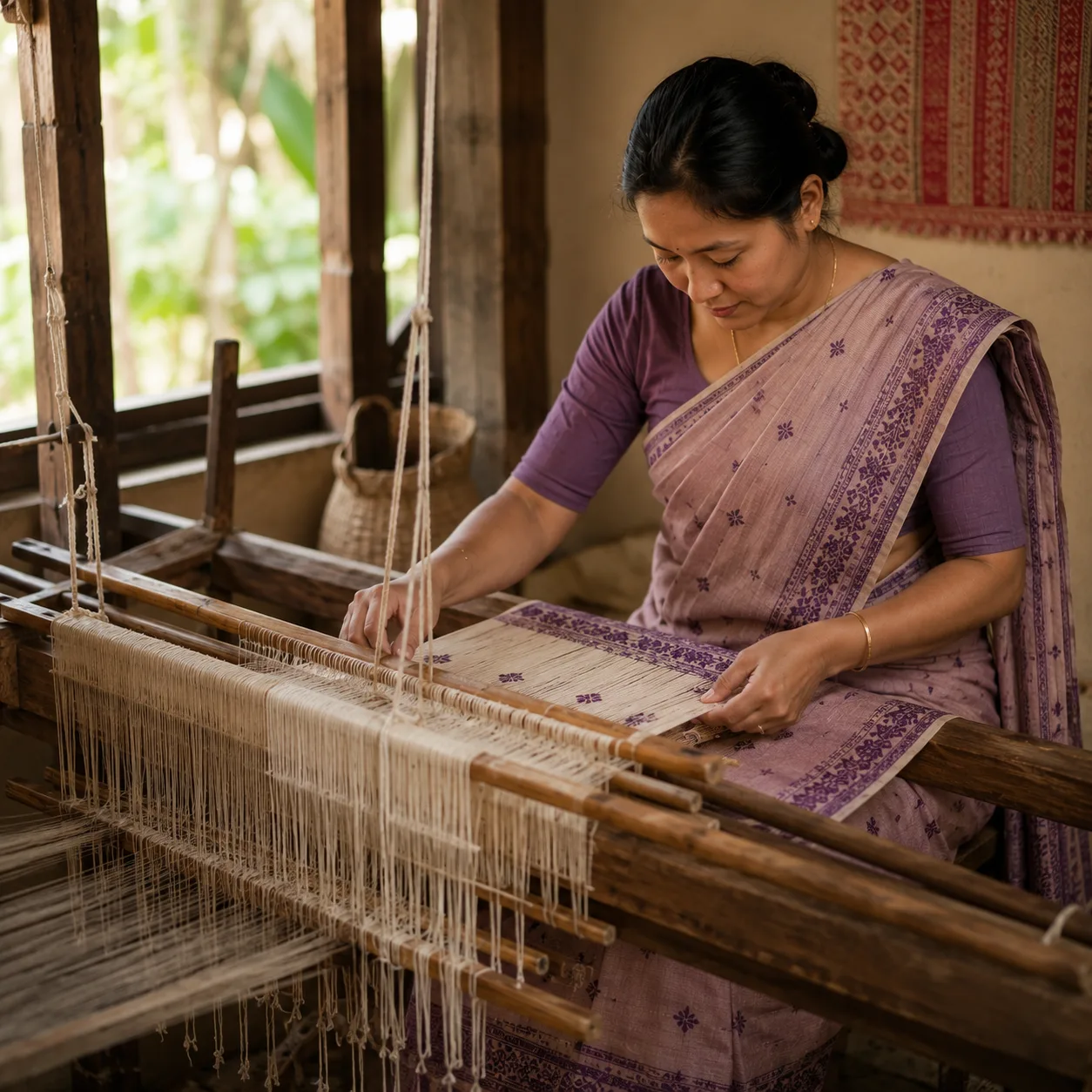 Assamese handloom artist weaving a traditional Mekhela Sador on a wooden loom