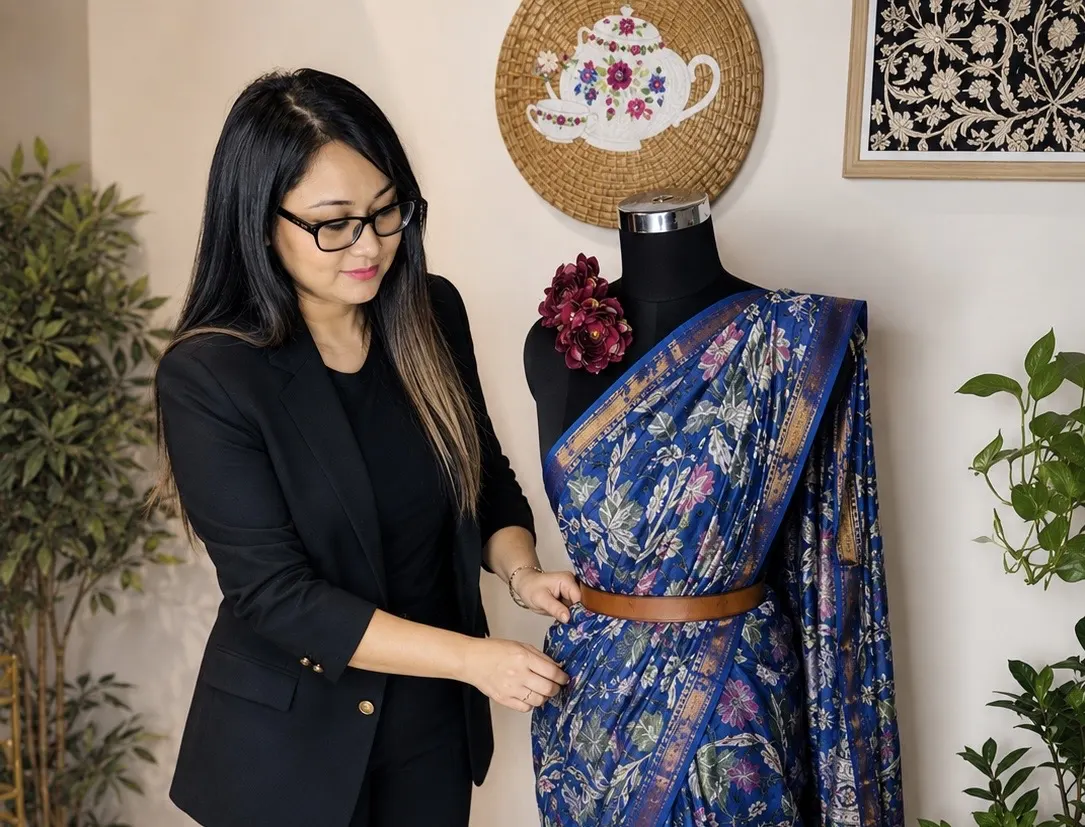Woman styling an elegant blue saree on a mannequin for customers