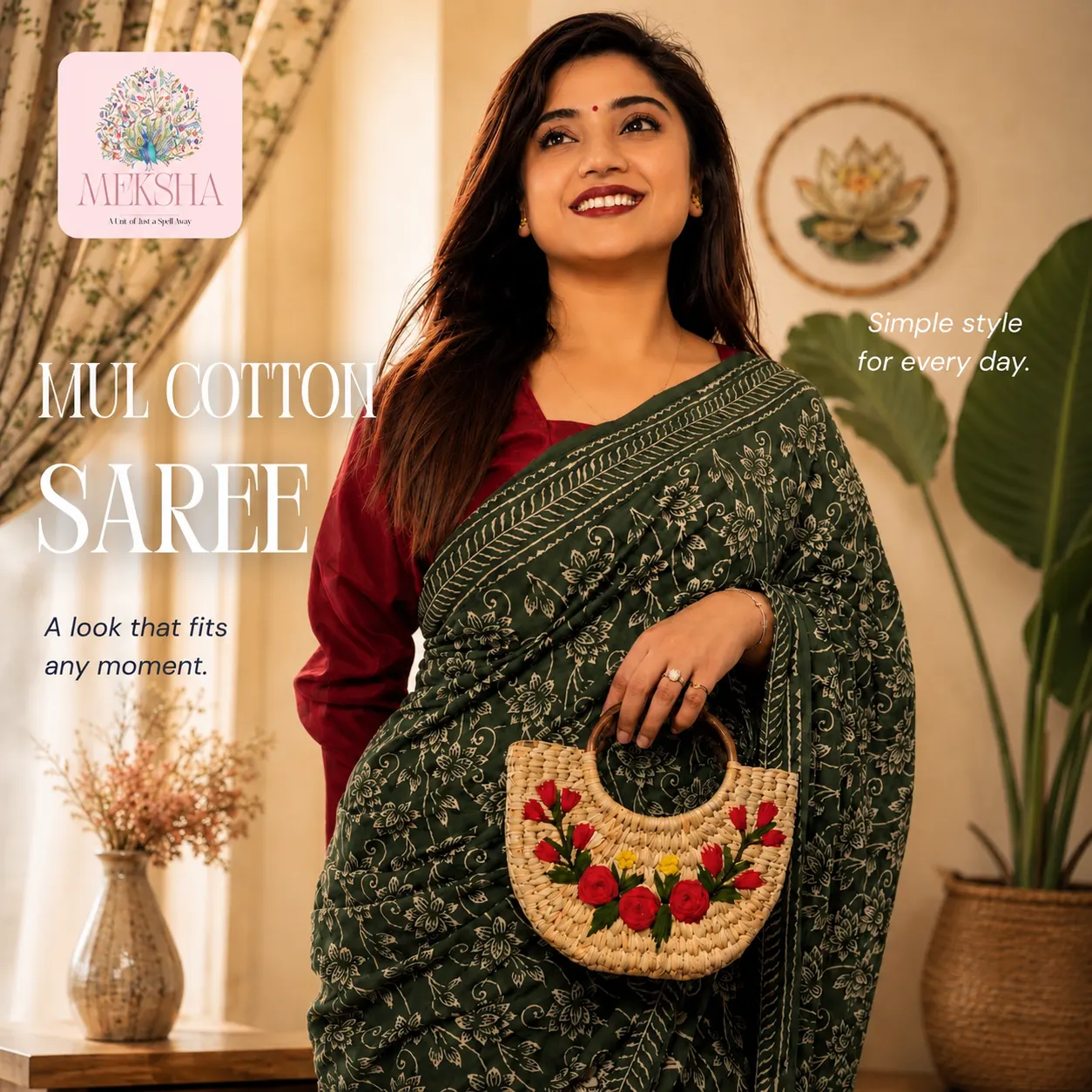 Meksha Hand Block Printed Mul Cotton Saree in Green
