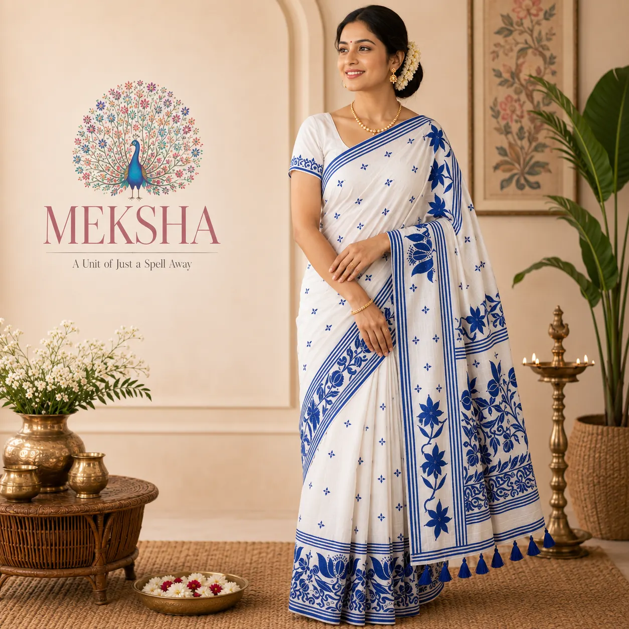Hand Stitched Kantha Work Saree in white and blue embroidery