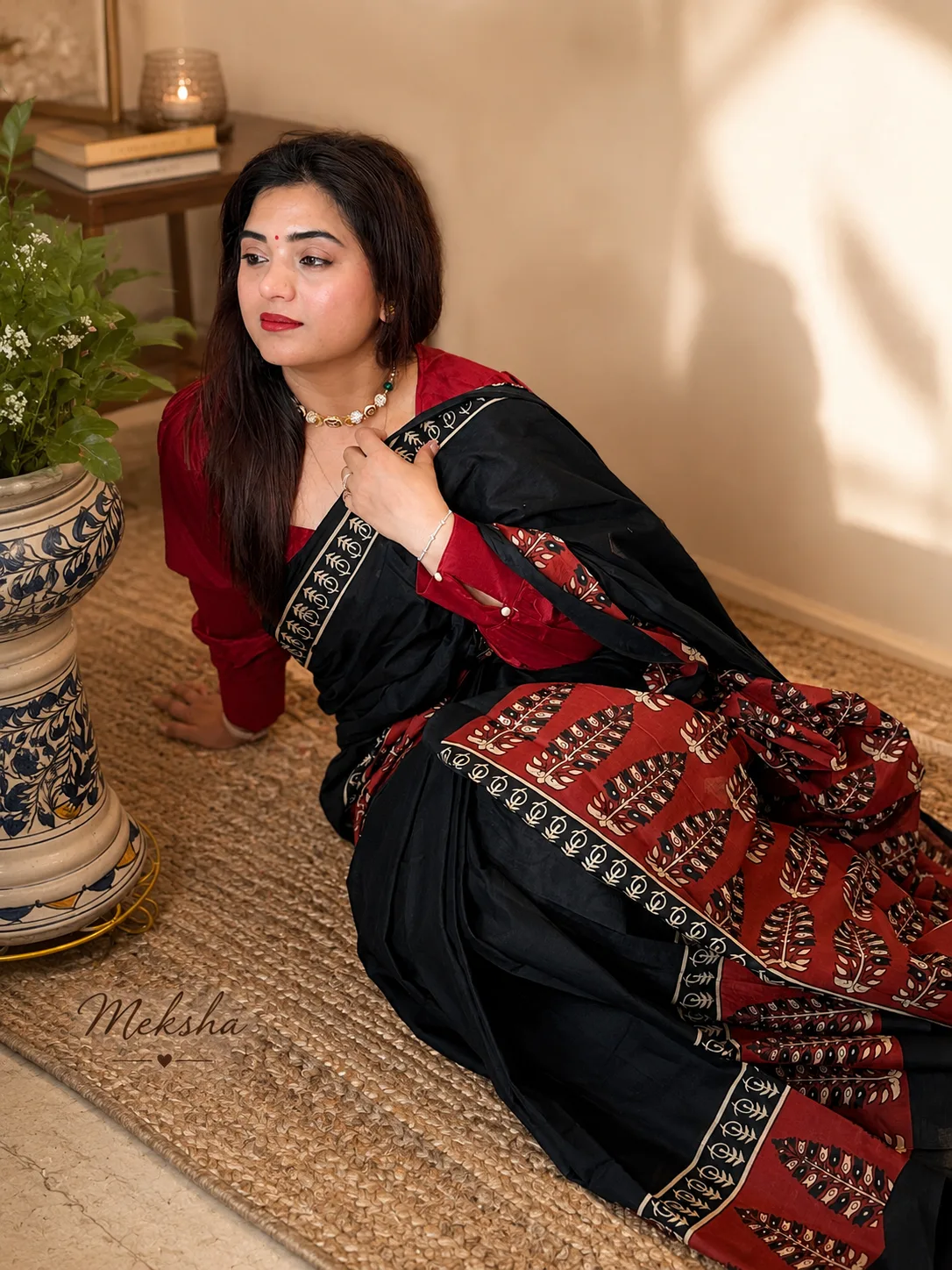 Meksha heritage hand block printed mul cotton saree in black and maroon motifs