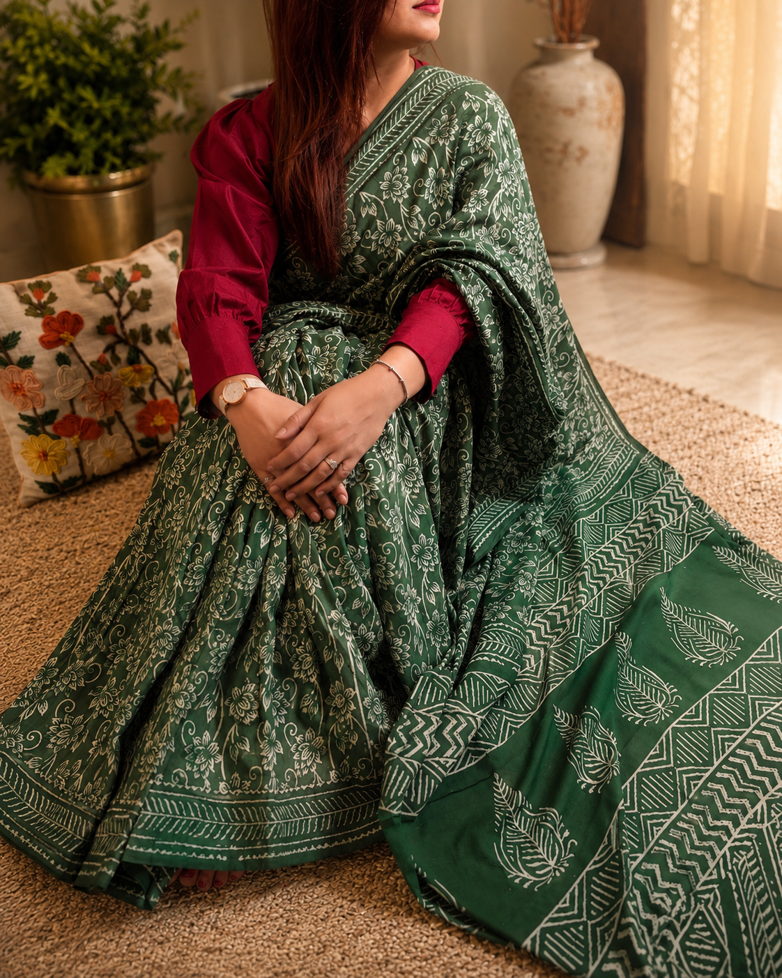 Hand Block Printed Mul Cotton Saree - Green