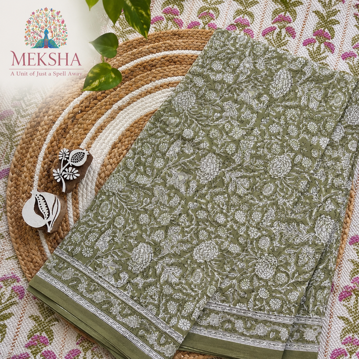 Hand Block Printed Soft Cotton Saree - Pastel Green