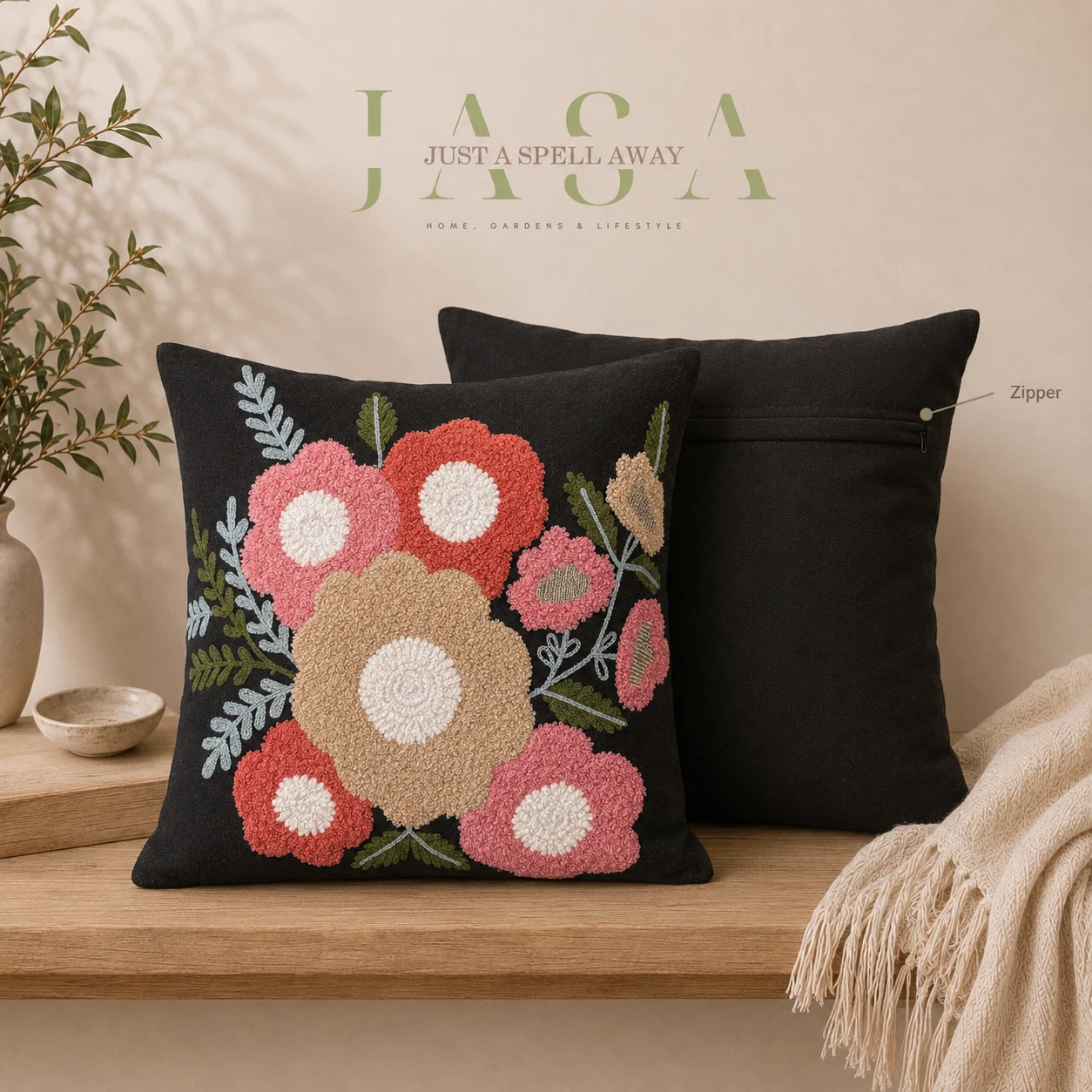 Blush Blossom Black Embroidered Cushion Cover