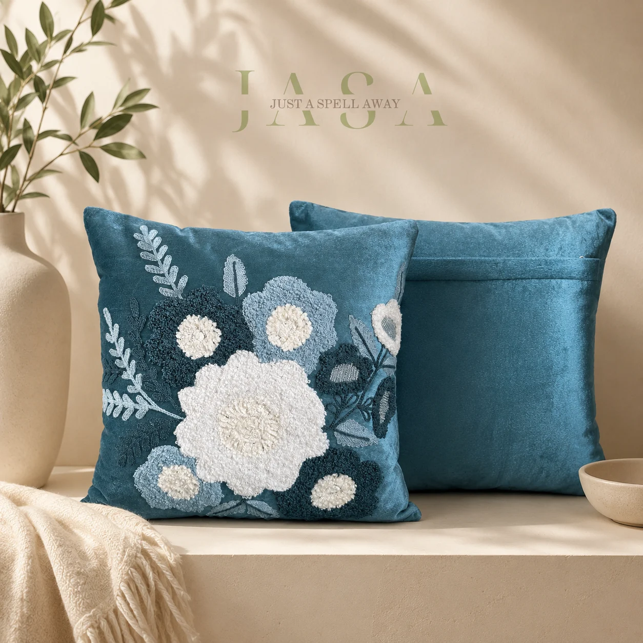 Blush Blossom Blue Embroidered Cushion Cover