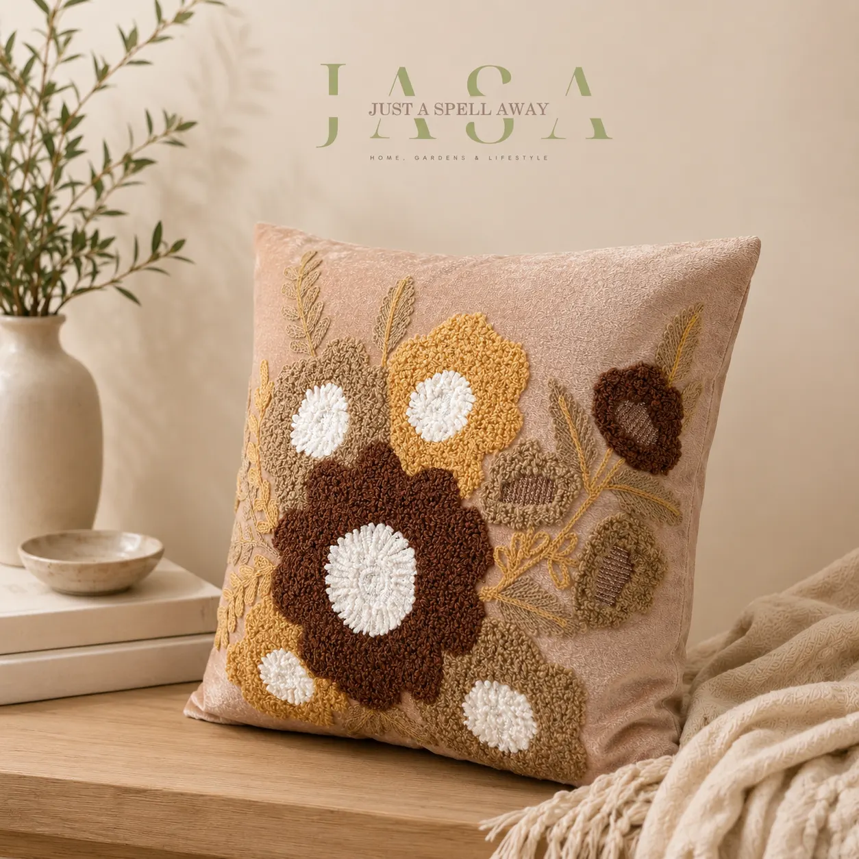 Blush Blossom Fawn Embroidered Cushion Cover