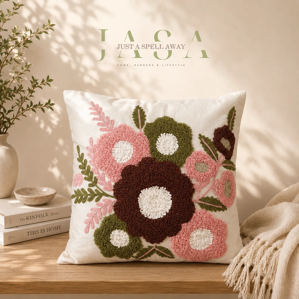 Blush Blossom White & Green Embroidered Cushion Cover
