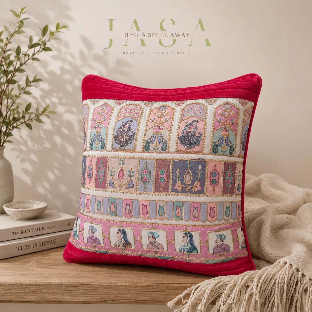 Royal Ethnic Cotton Velvet Cushion Cover - Red