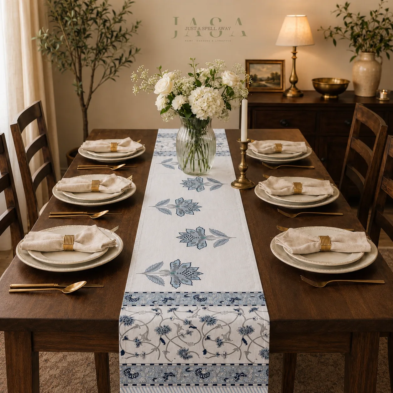Cotton Hand Block Printed Runner - Blue Flora