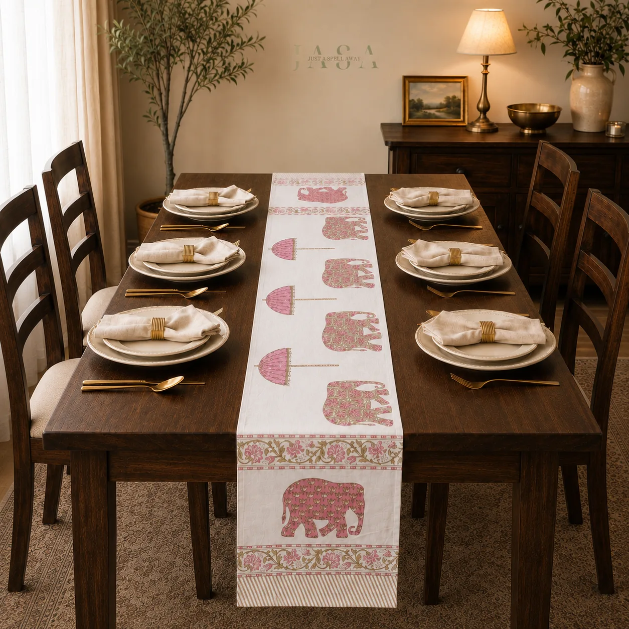 Cotton Hand Block Printed Runner - Pink & Green Haathi