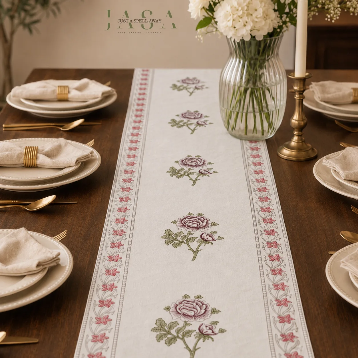 Cotton Hand Block Printed Runner - Pink Rose