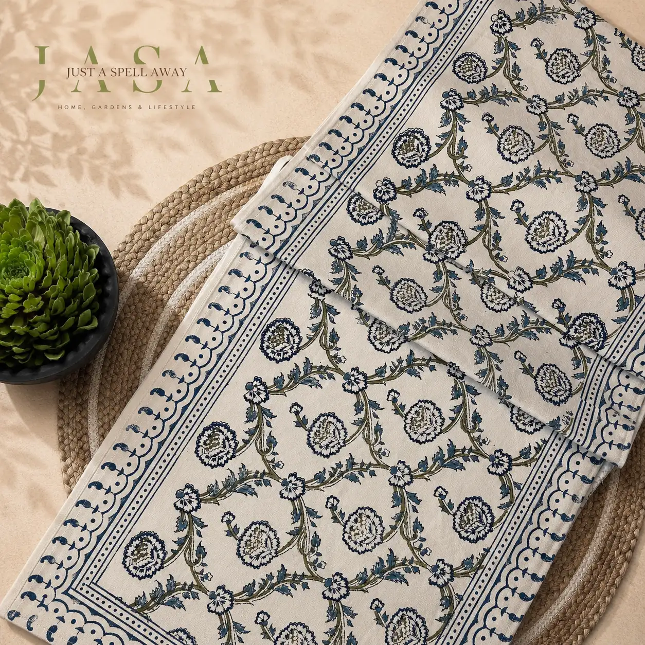 Cotton Hand Block Printed Table Runner - Blue Jaal
