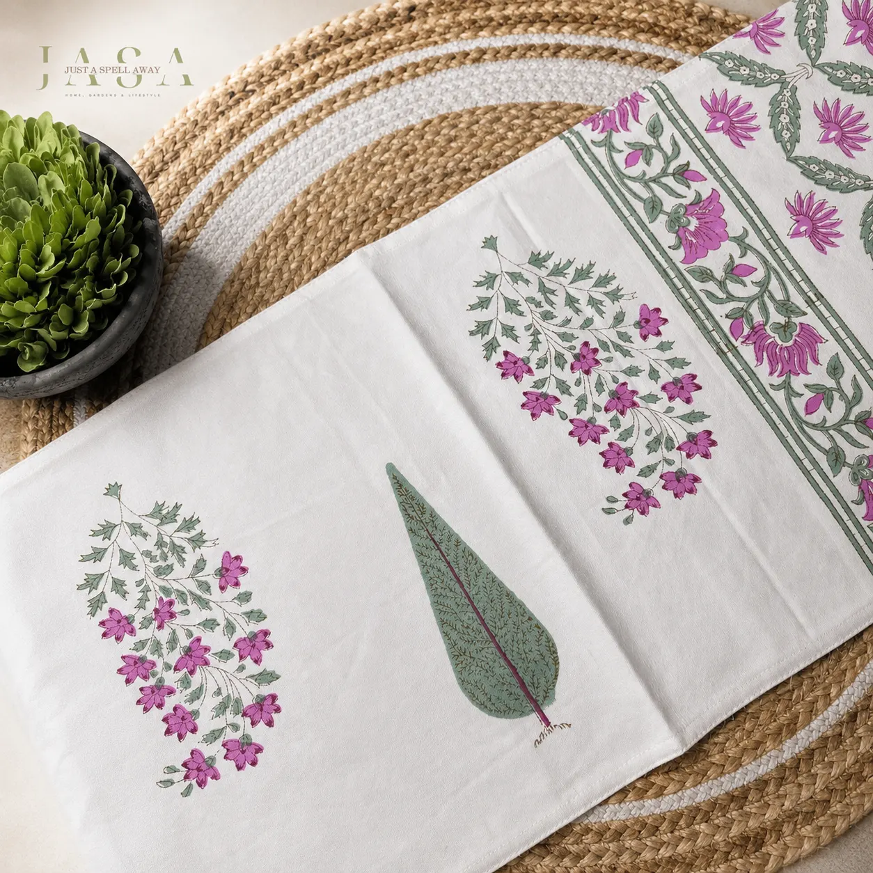 Cotton Hand Block Printed Table Runner - Pink Floral with Green