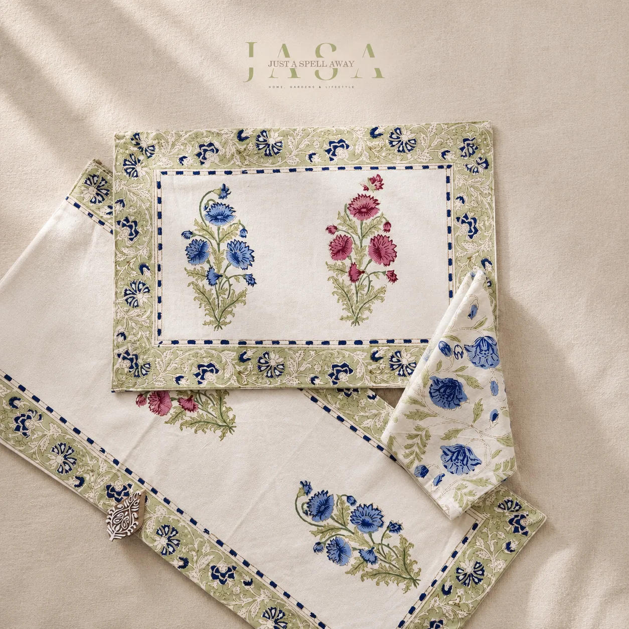 Hand Block Printed Cotton Runner Set - Blue & Pink Buta