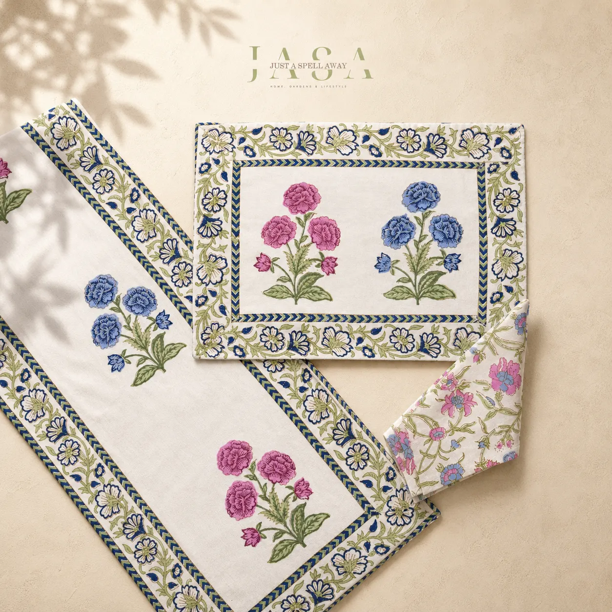 Hand Block Printed Runner Set - Blue & Pink Phool
