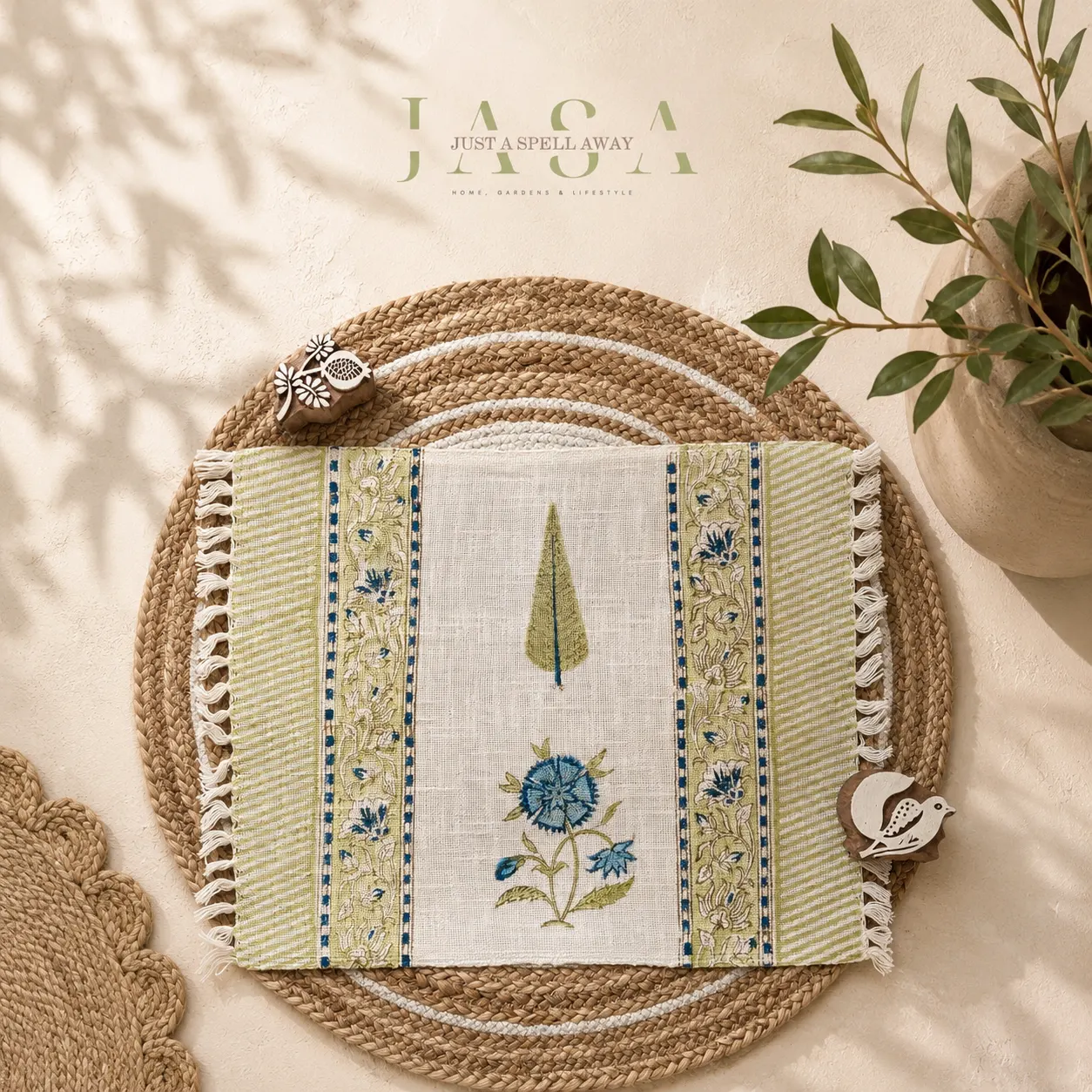 Cotton Jute Runner & Mats Set - Blue Bageecha