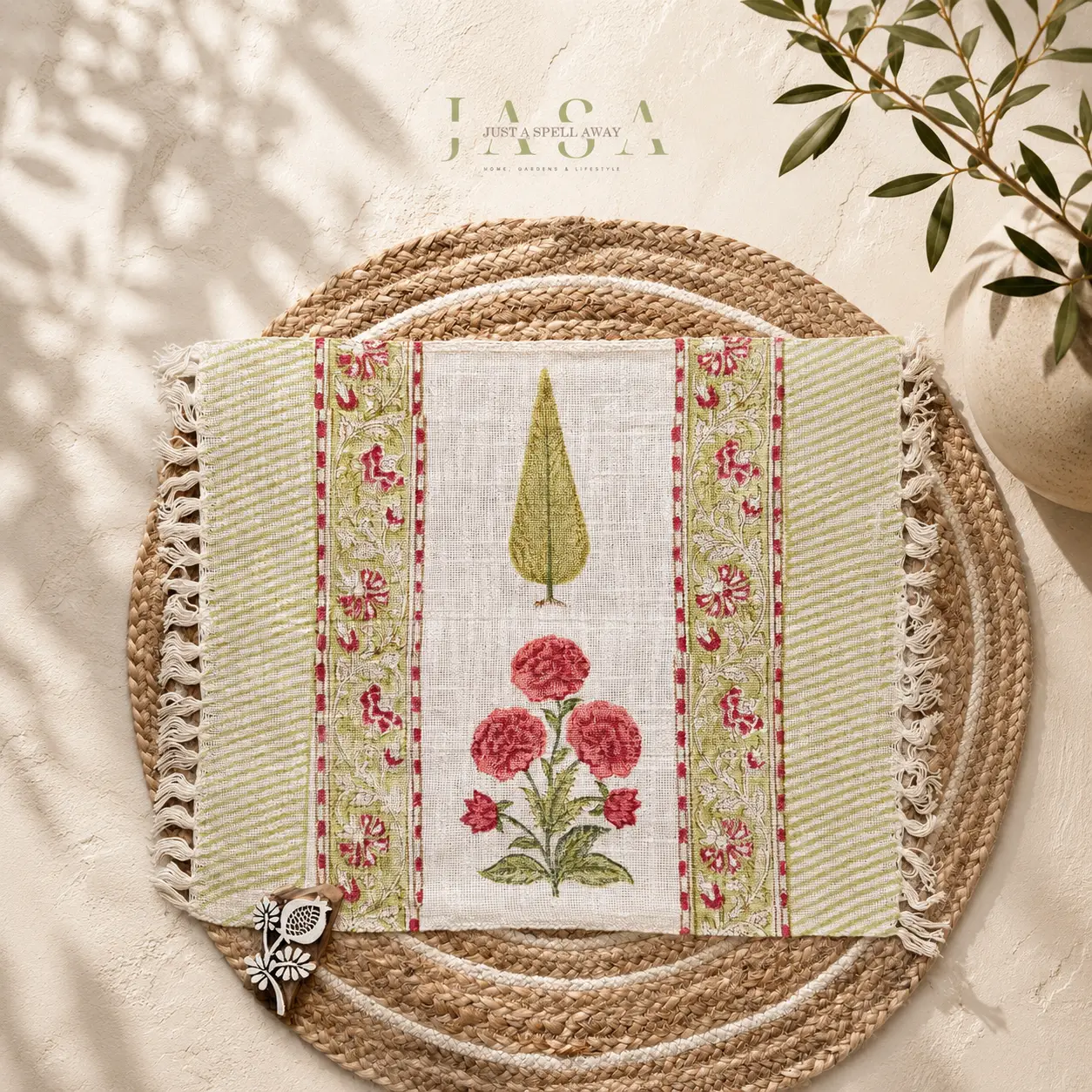 Cotton Jute Runner & Mats Set - Peach Orange Bageecha