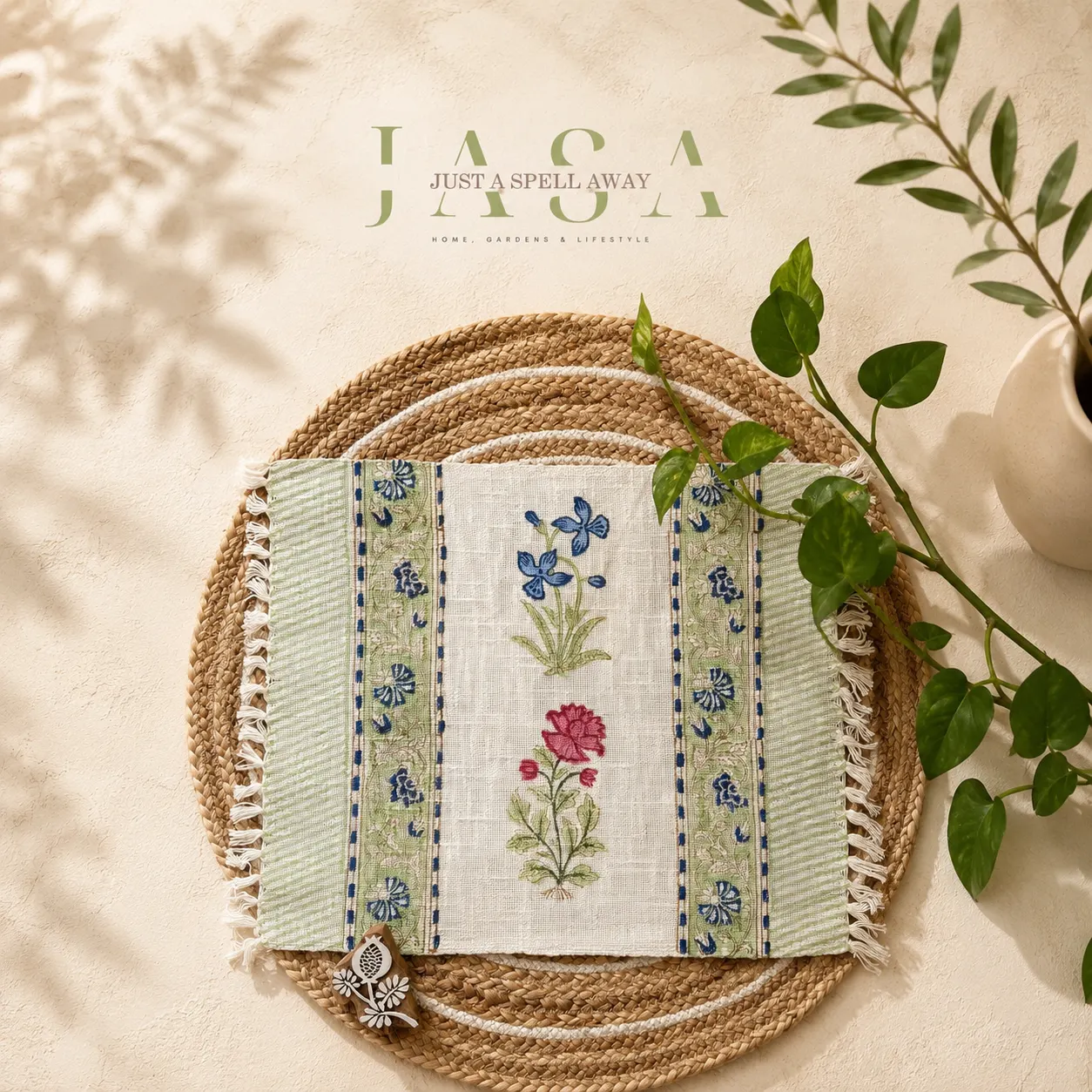 Cotton Jute Runner & Mats Set - Pink & Blue Phool