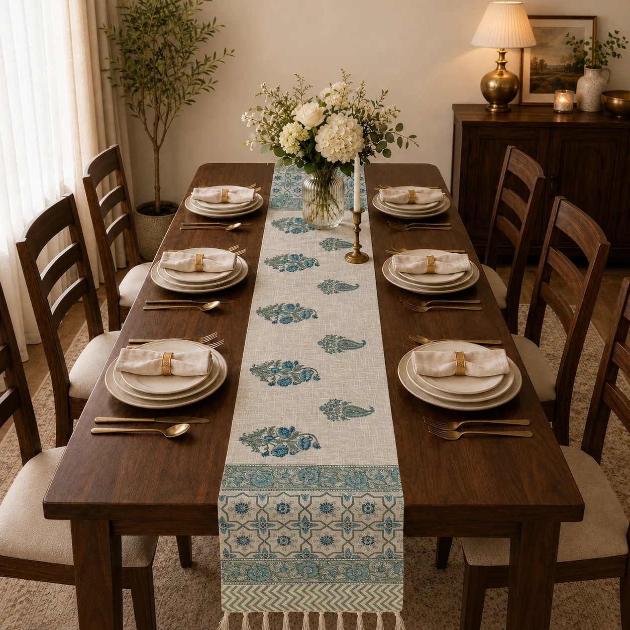 Cotton Jute Table Runner - Blue Motifs