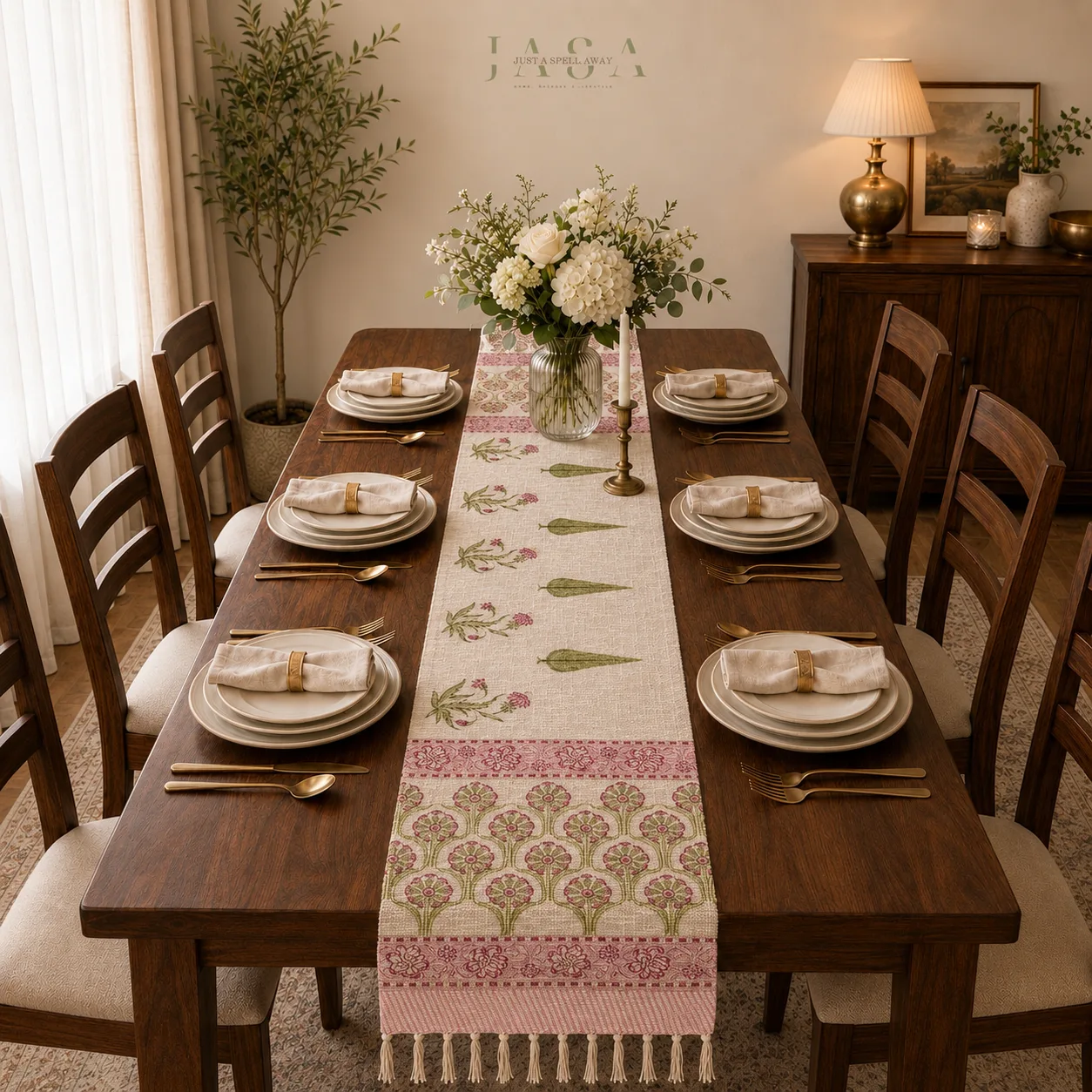 Cotton Jute Table Runner - Pink Bageecha