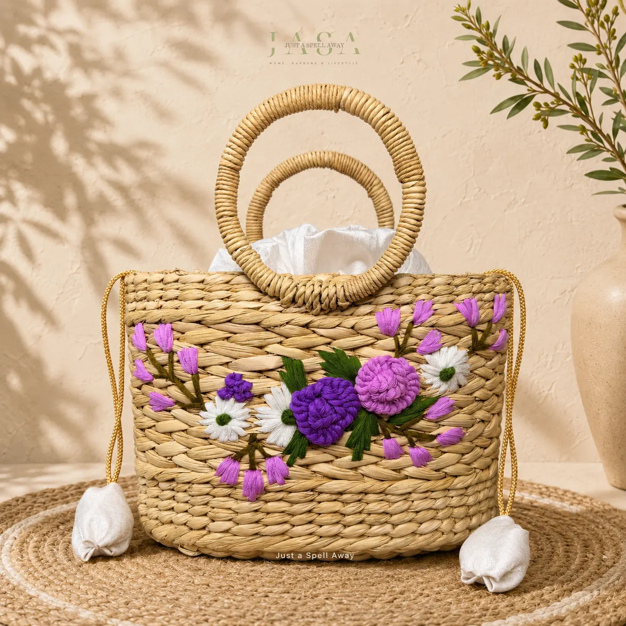 Belle Reed Grass Handbag with Drawstring Closure- Purple & Pink