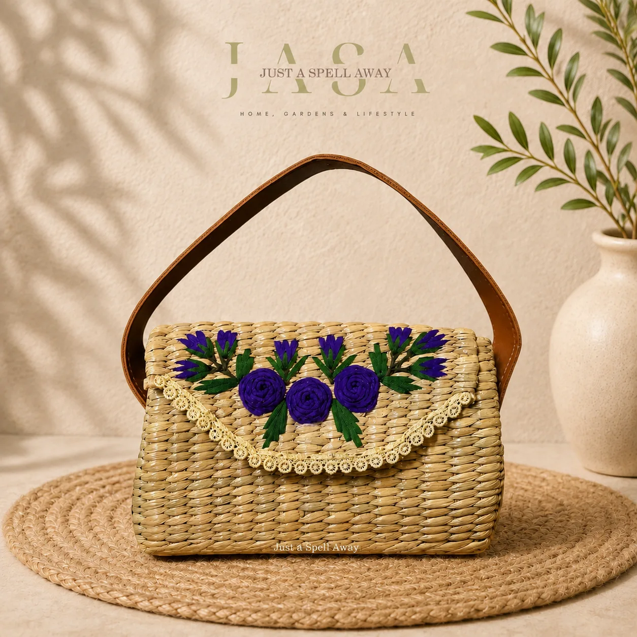 Florette Reed Grass Handbag - Purple Roses