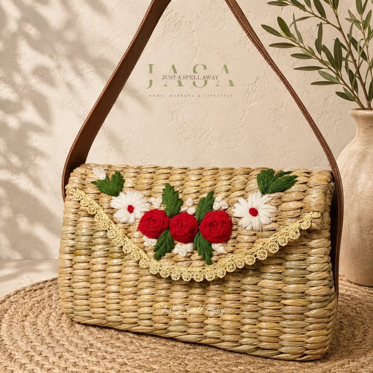 Florette Reed Grass Handbag - Red Roses