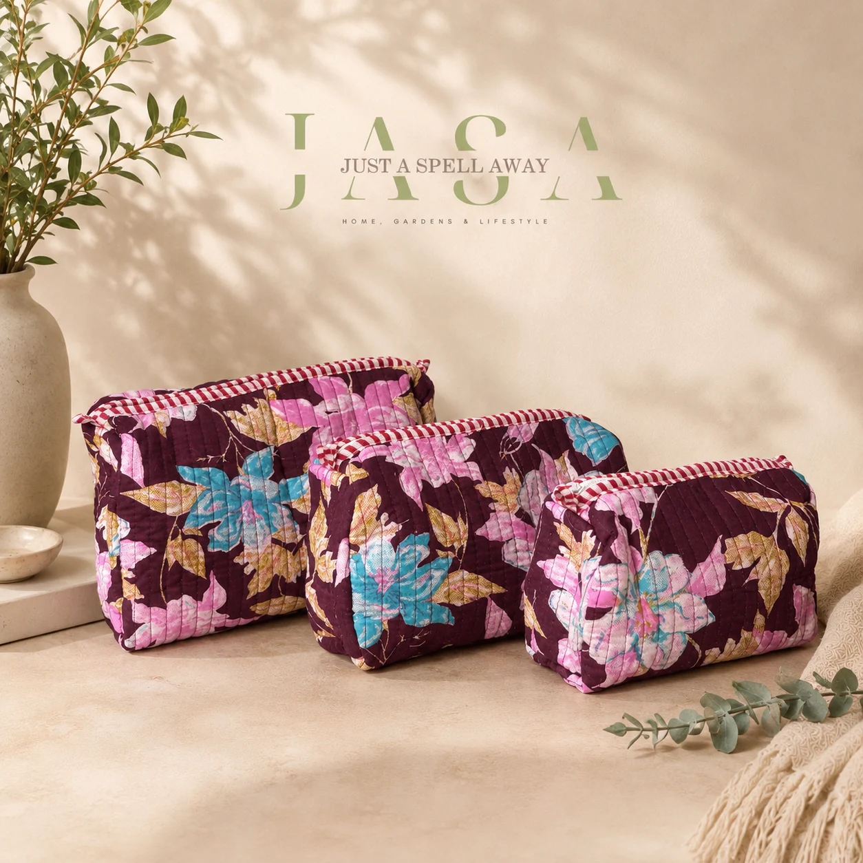 Maroon Floral Vanity Pouch (Set Of 3)