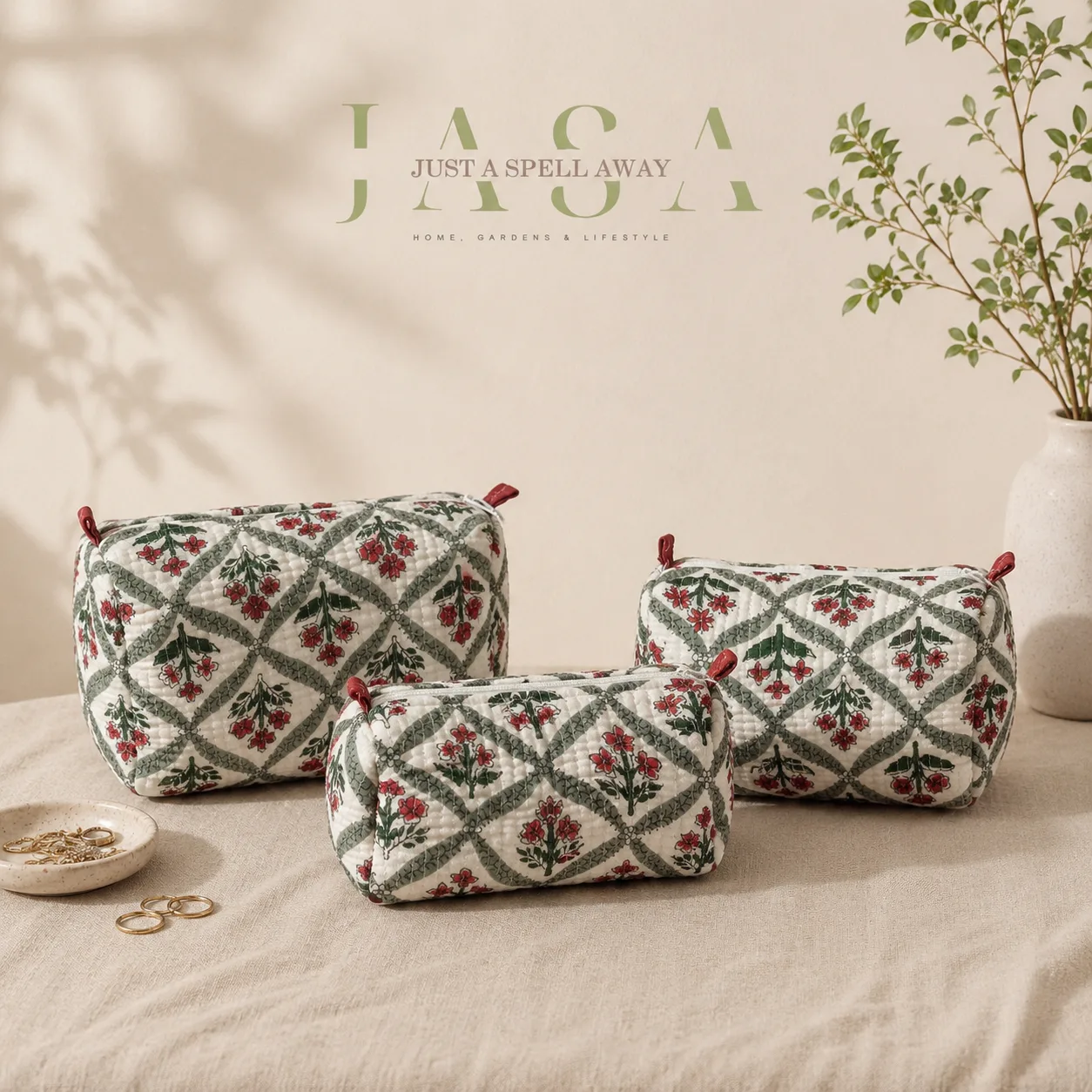 Red Floral Vanity Pouch (Set Of 3)