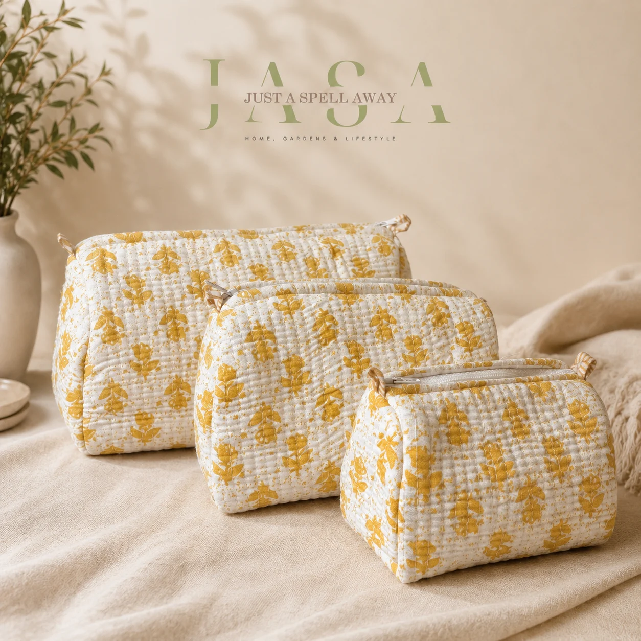 Yellow Buta Vanity Pouch (Set Of 3)