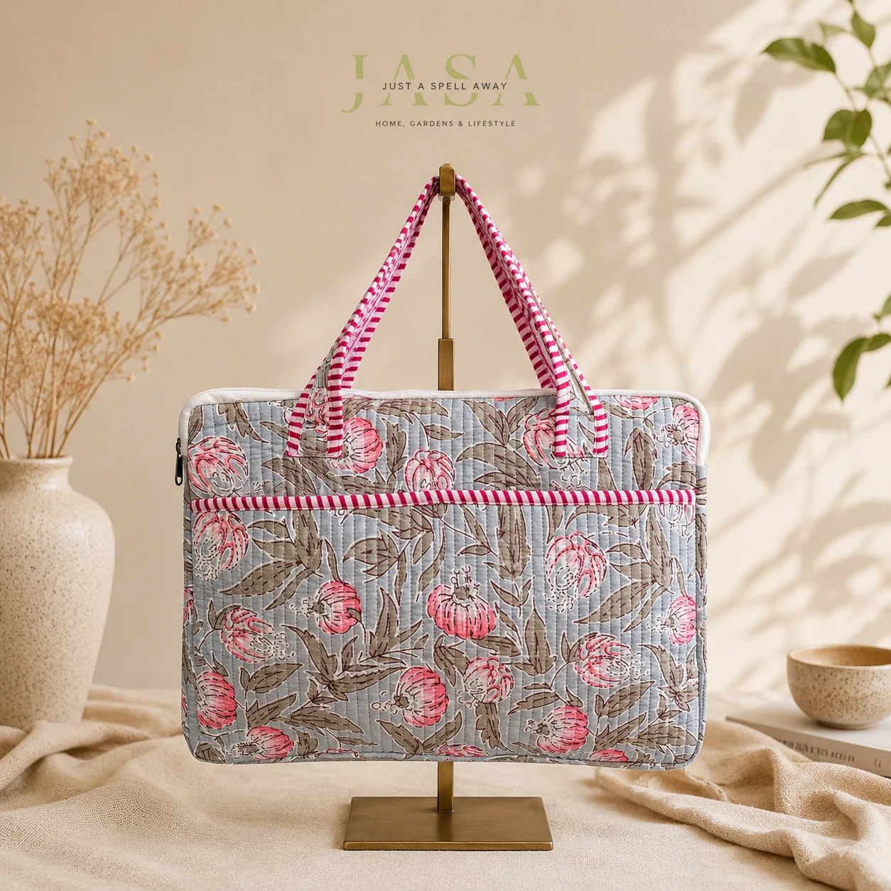 Light Grey Cotton Quilted Laptop Bag