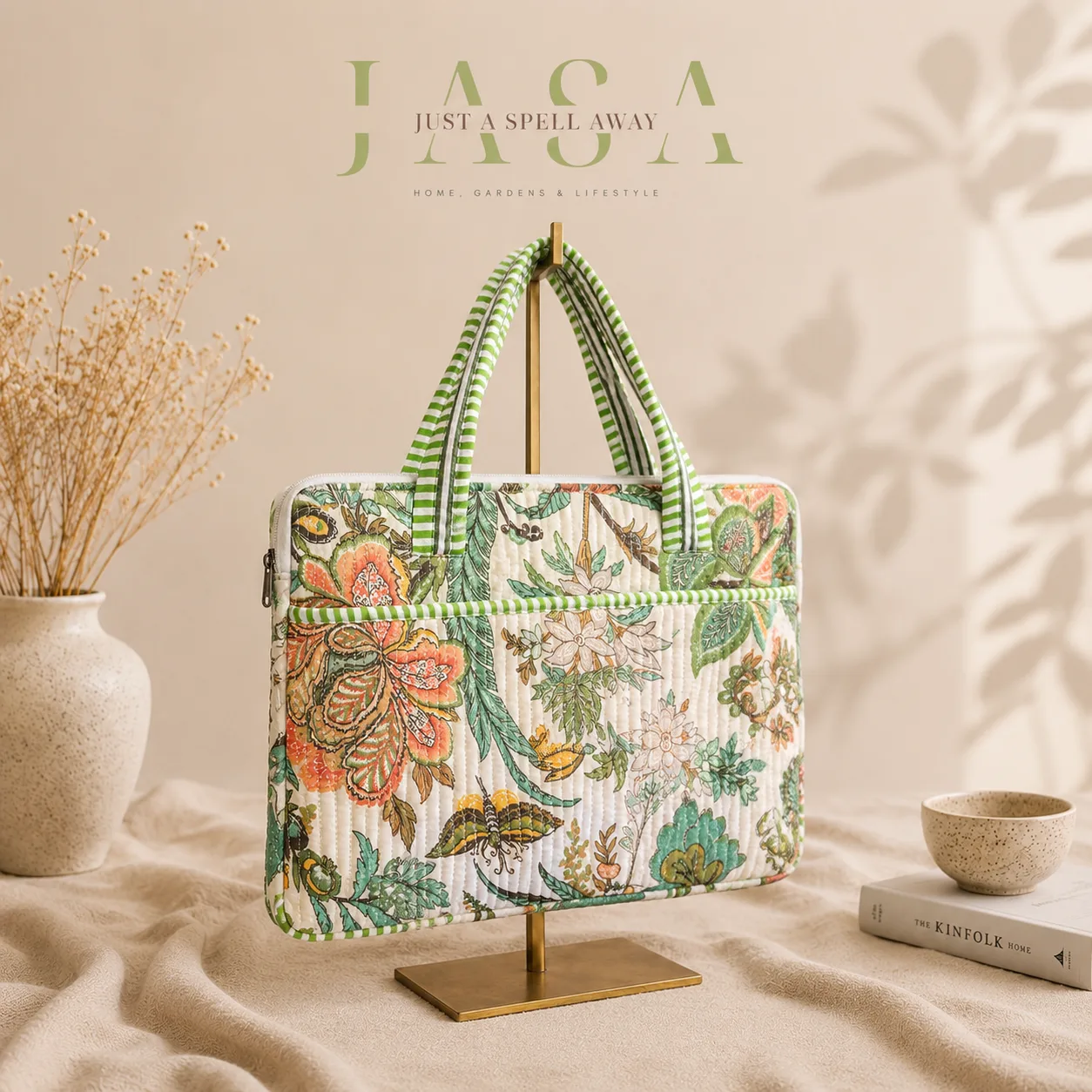 White Floral Cotton Quilted Laptop Bag