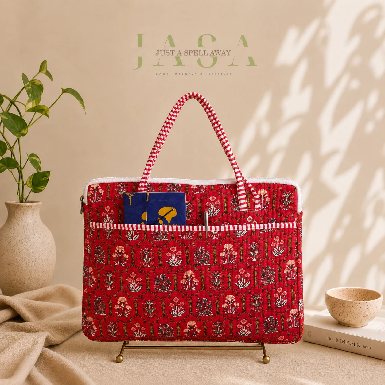 Red Buta Cotton Quilted Laptop Bag