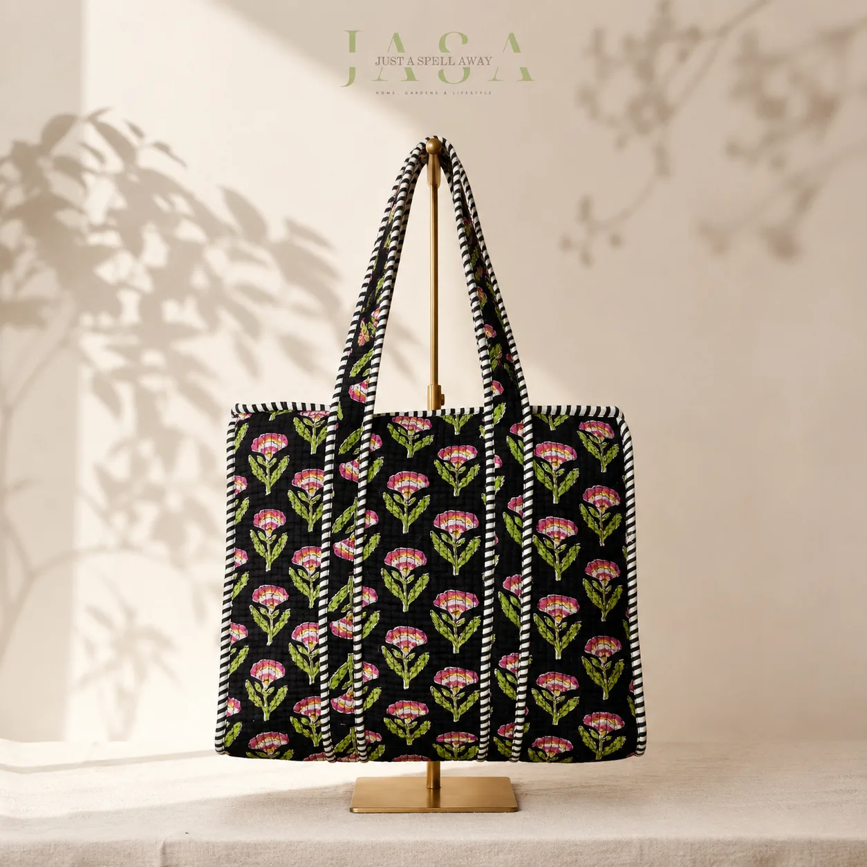 Hand Block Printed 14" Tote Bag - Black Floral