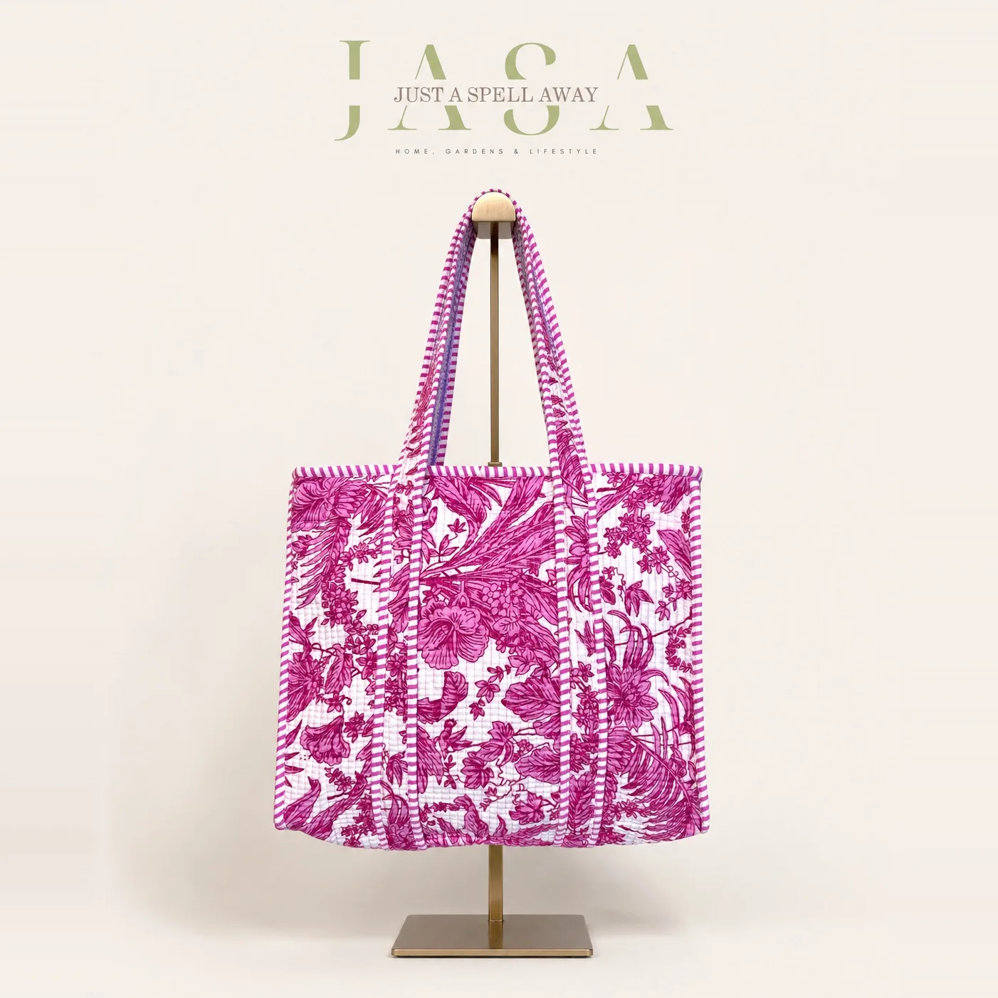 Hand Block Printed 14" Tote Bag - Pink