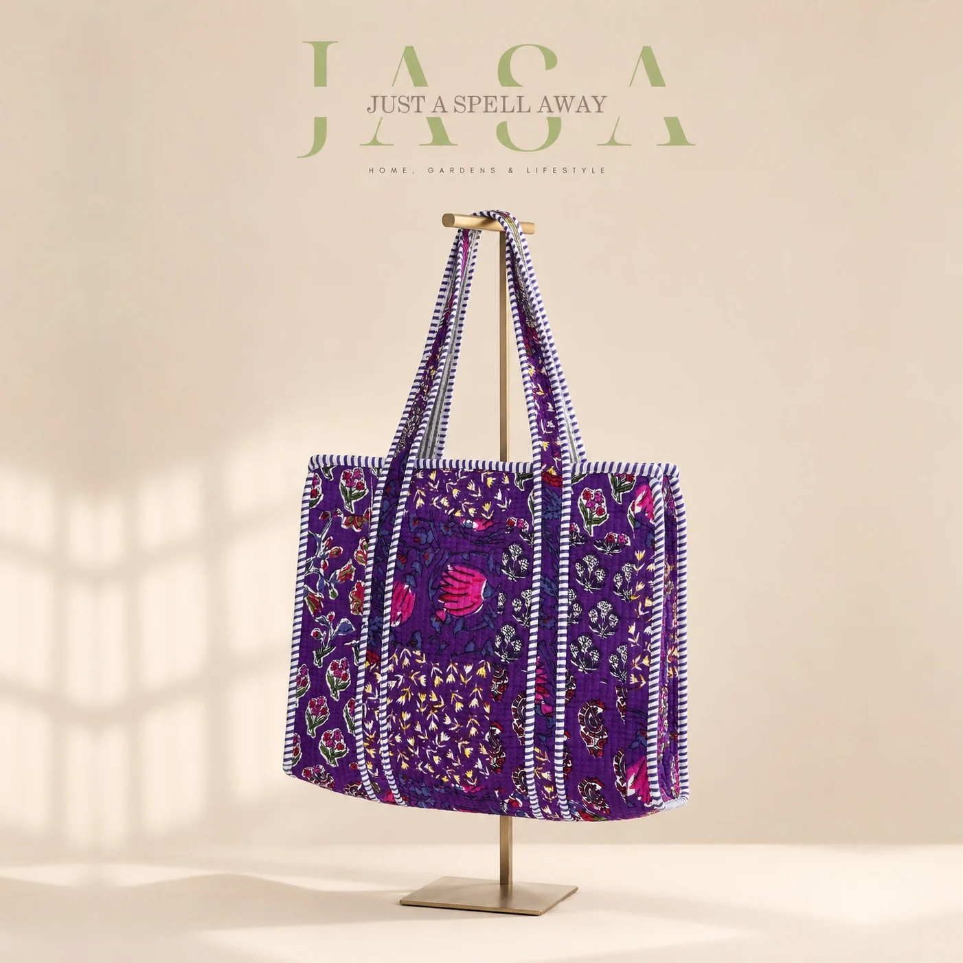 Hand Block Printed 14" Tote Bag - Purple