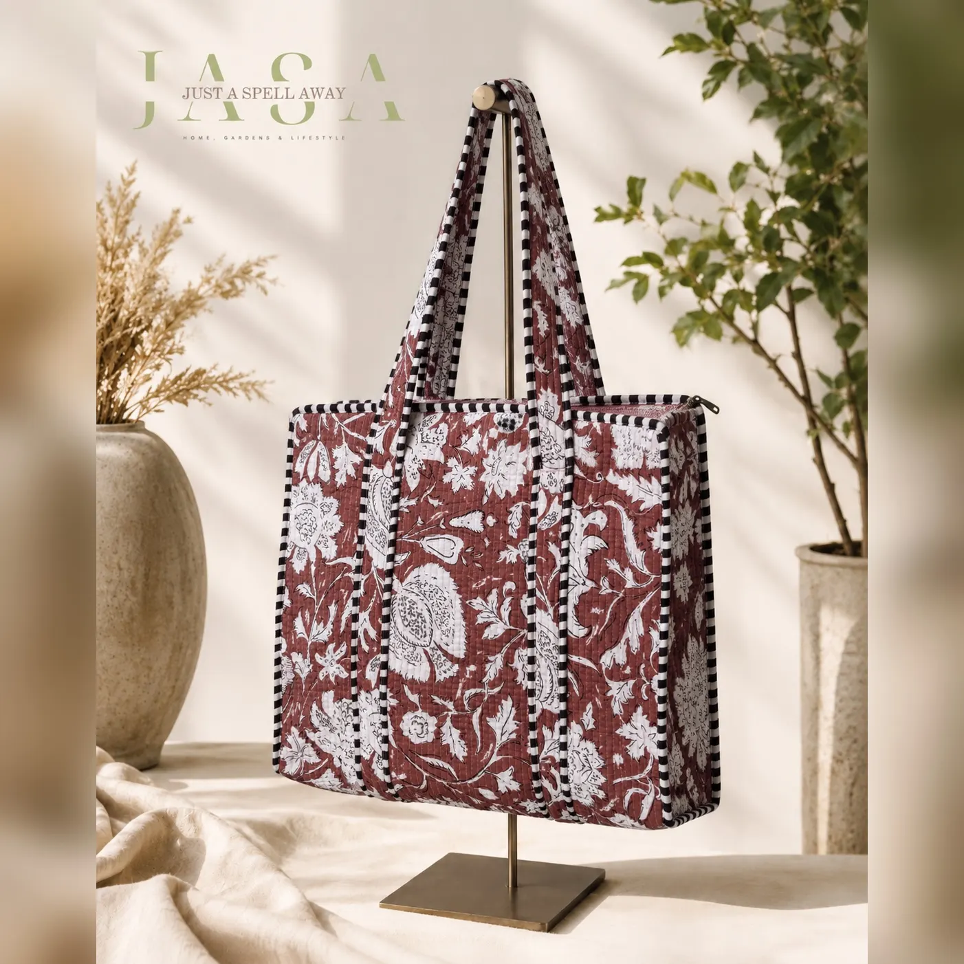 Hand Block Printed 16" Tote Bag - Brown