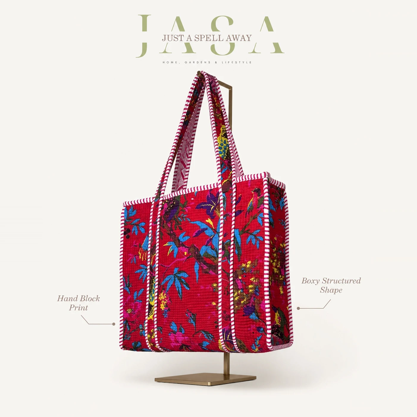 Hand Block Printed 16" Tote Bag - Red