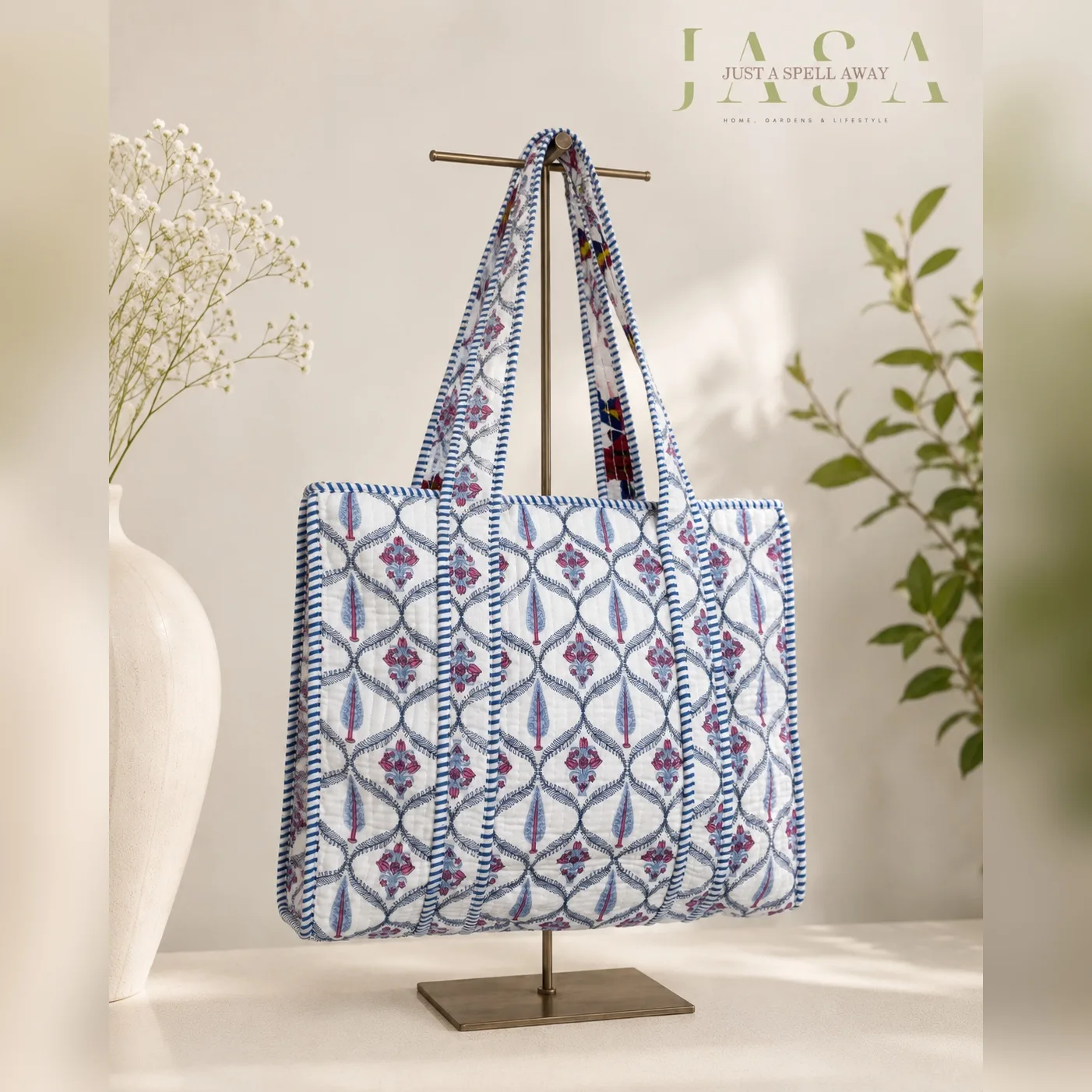 Hand Block Printed 16" Tote Bag - White