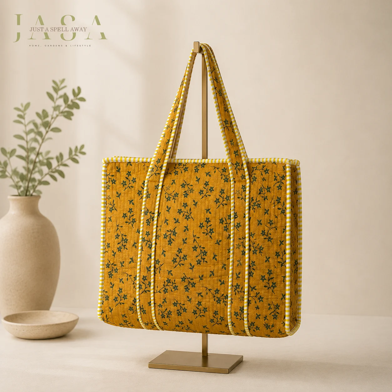 Hand Block Printed 16" Tote Bag - Yellow
