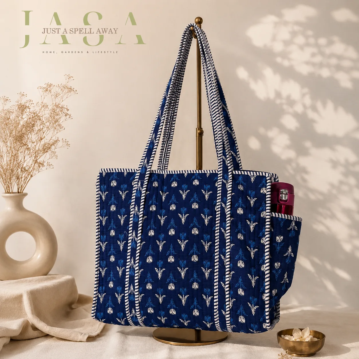 Hand Block Printed 16" Tote Bag - Navy Blue