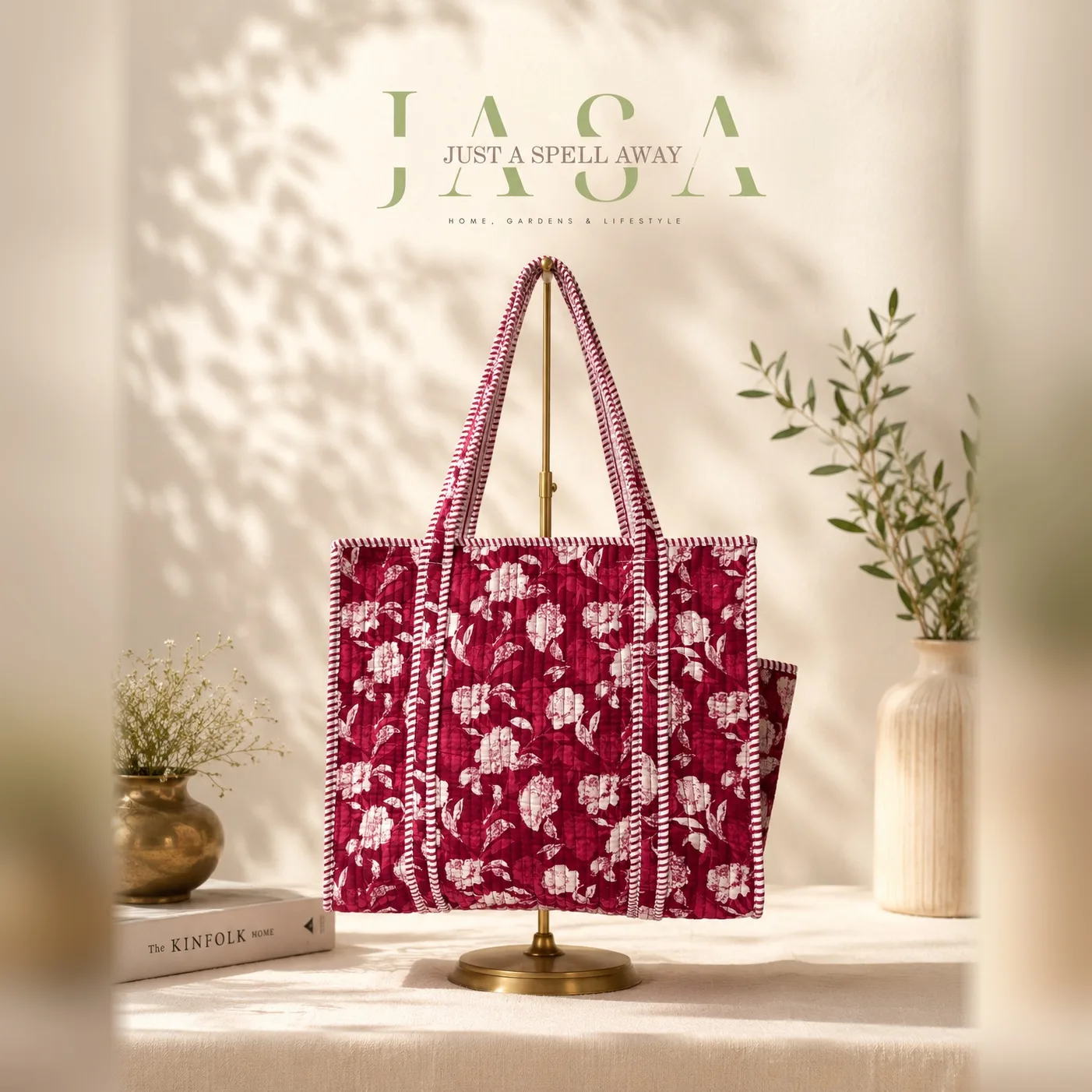 Hand Block Printed 16" Tote Bag - Red Floral