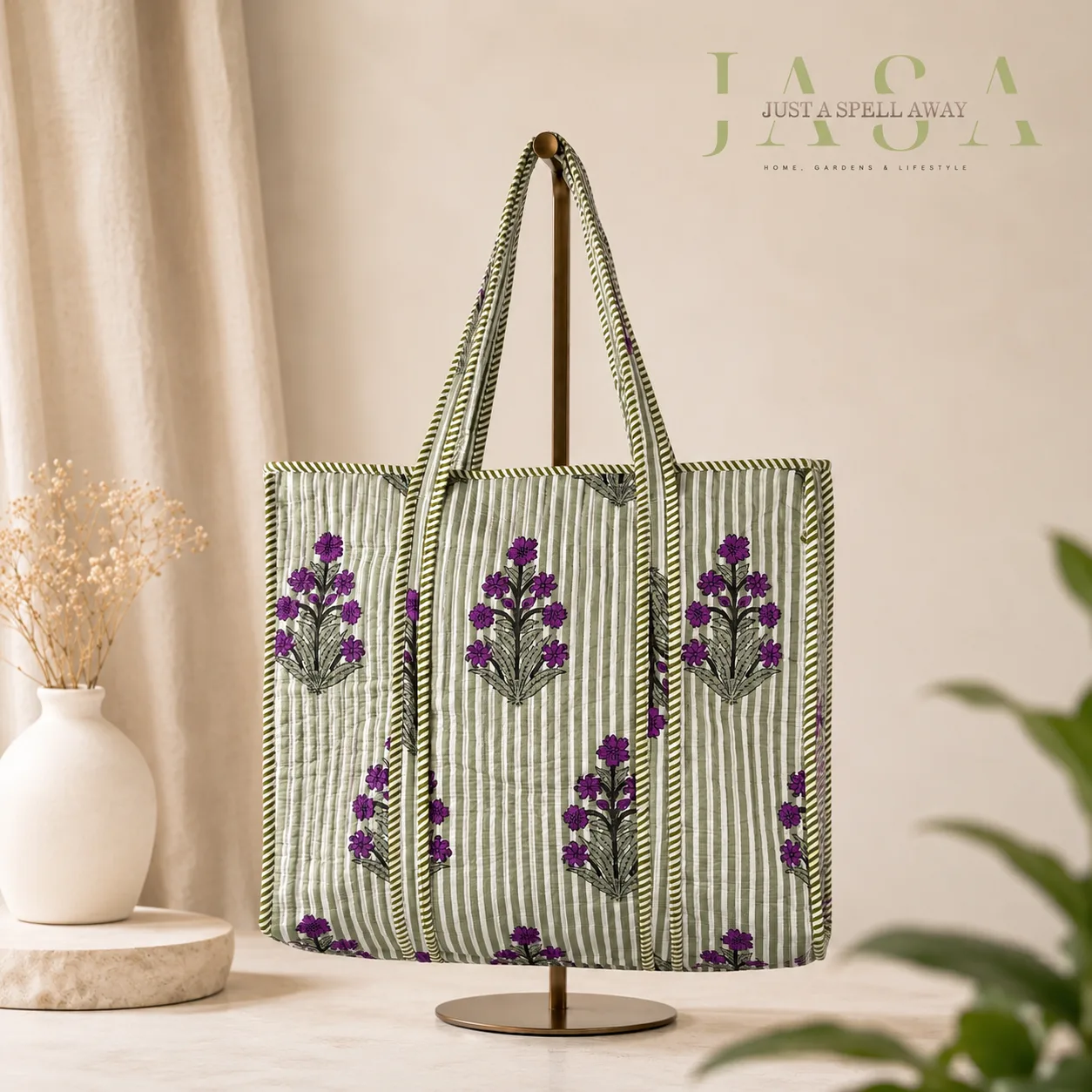 Hand Block Printed 18" Tote Bag - Green & Purple