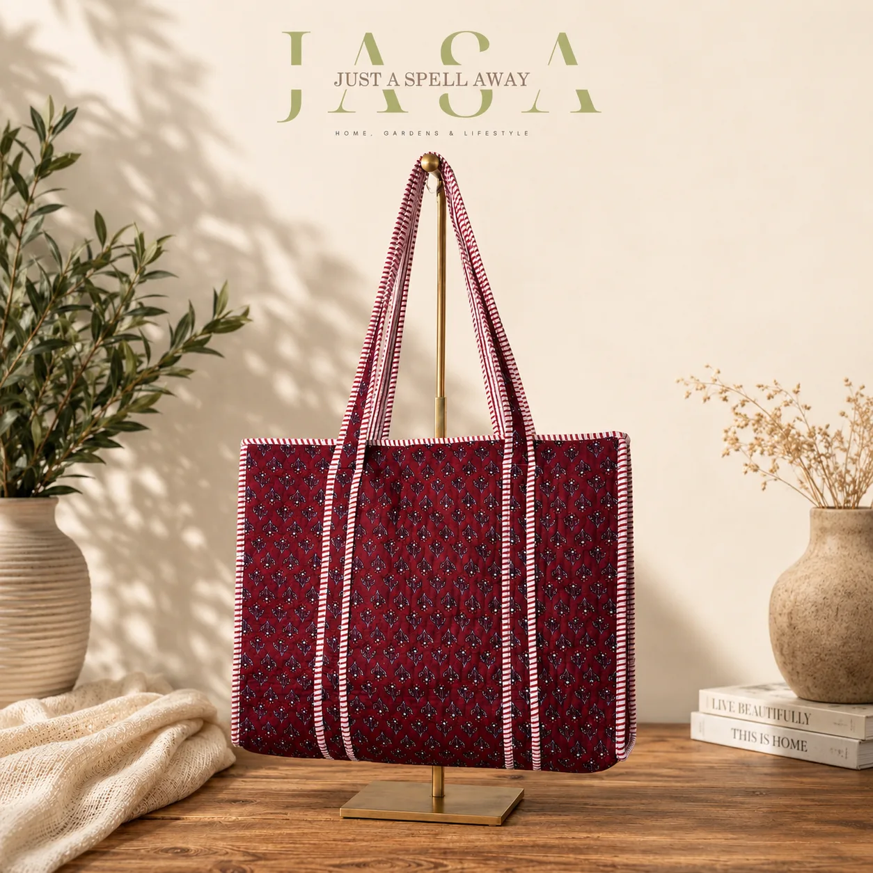 Hand Block Printed 18" Tote Bag - Maroon