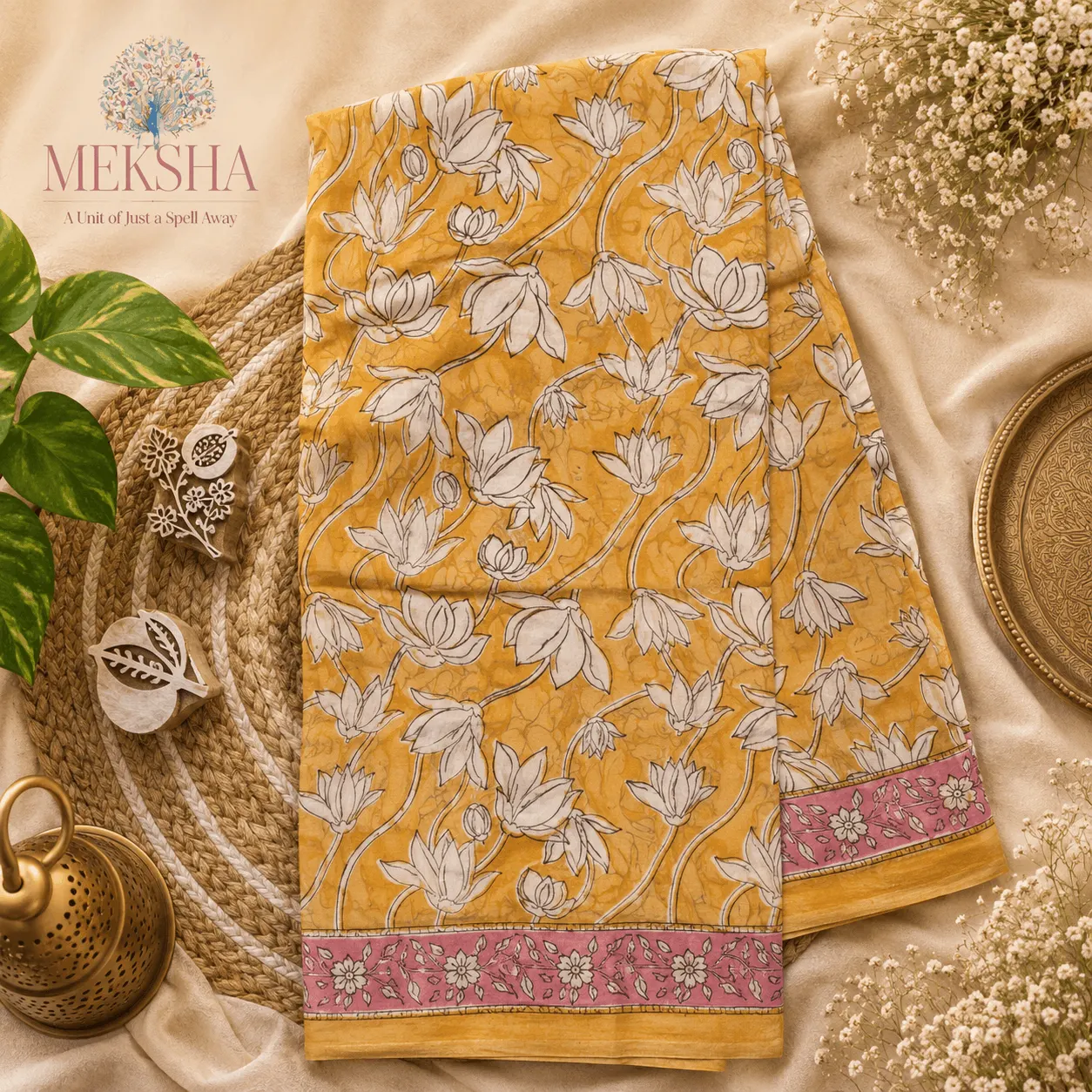 Hand Block Printed Soft Cotton Saree - Yellow Lotus Motifs