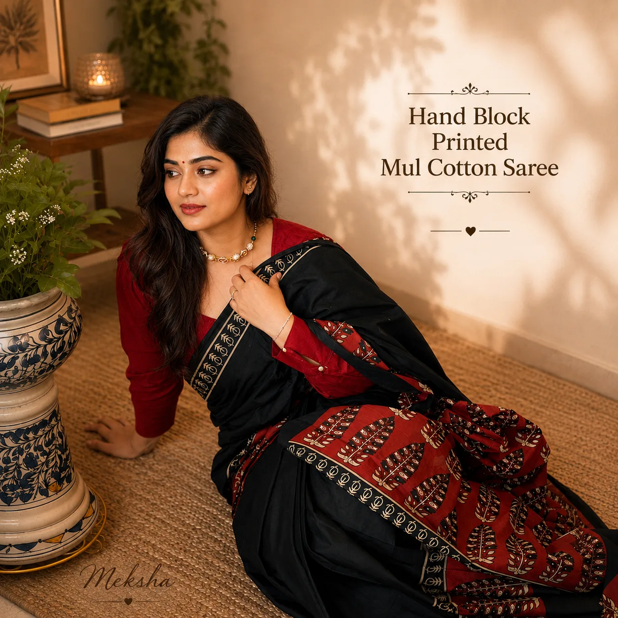 Hand Block Printed Mul Cotton Saree - Black