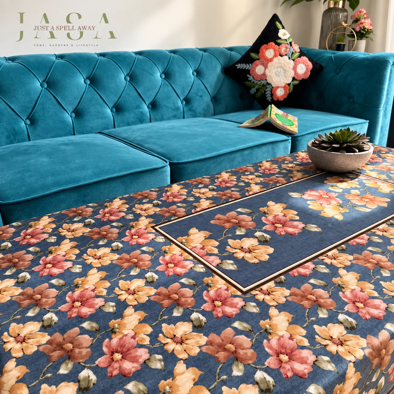 Denim Blue Cotton Velvet Center Table Cover